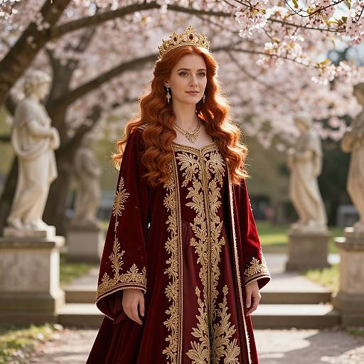 Regal Red-Haired Woman in Garden