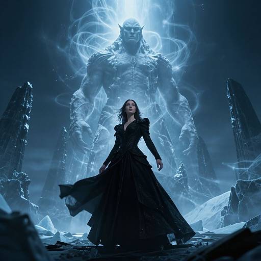 Digital art: Dark-haired woman in black, flowing dress stands defiantly before towering, ethereal, muscular blue creature with glowing aura in icy, shattered