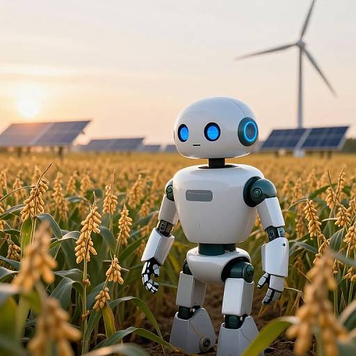 Photograph of a white, blue-eyed robot standing in a sunlit wheat field with a wind turbine and solar panels in the background.