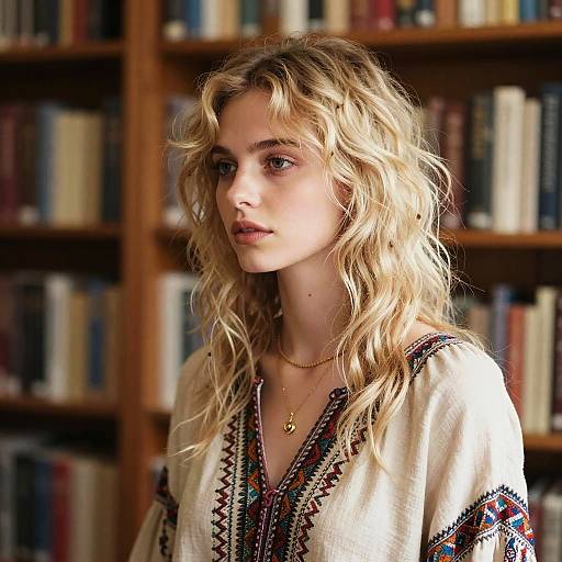 Photograph of a young blonde woman with wavy hair, wearing a white embroidered blouse, gold necklace, standing in front of a bookshelf.
