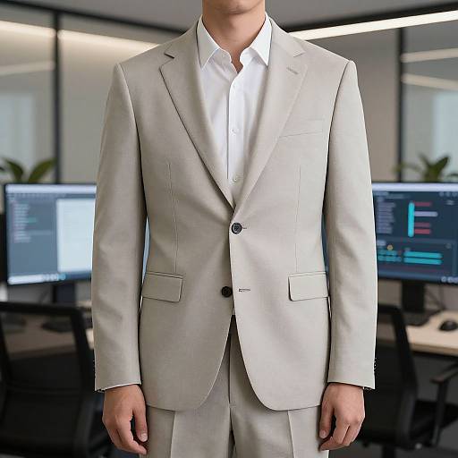 Photograph of a man in a light gray suit with a white shirt, standing in a modern office with two computer monitors in the background.