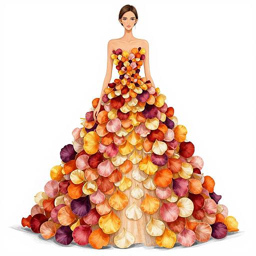 Digital illustration of a woman in a strapless, multicolored floral gown, featuring vibrant orange, red, pink, and yellow petals cascading from