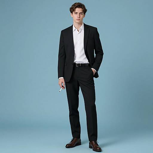 Photograph of a tall, slim young man with curly brown hair, wearing a black suit, white shirt, brown leather shoes, and holding a cigarette