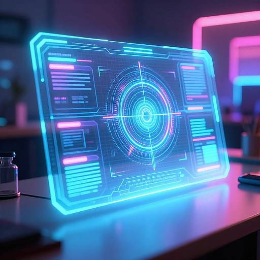 Neon-lit, futuristic display screen with blue and pink holographic interface, featuring a central target circle, on a dimly lit desk.