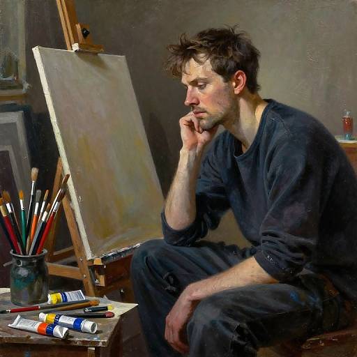 Photorealistic painting of a contemplative male artist in black clothes, seated at a wooden table with paints and brushes, beside an easel in a
