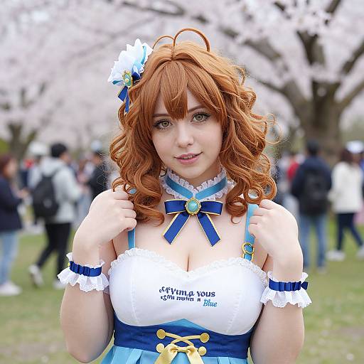 Photograph of a young woman with curly red hair, wearing a white and blue cosplay outfit, standing in a park with cherry blossoms, surrounded by