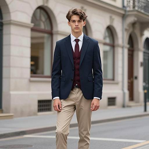 Teenage Boy in Semi-Formal Attire on City Street