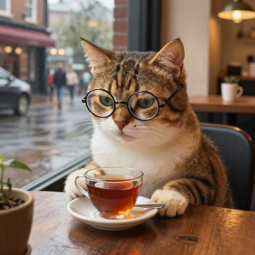 Photograph of a tabby cat with round glasses, sitting at a wooden table, paw on a teacup, in a cozy café. Rain