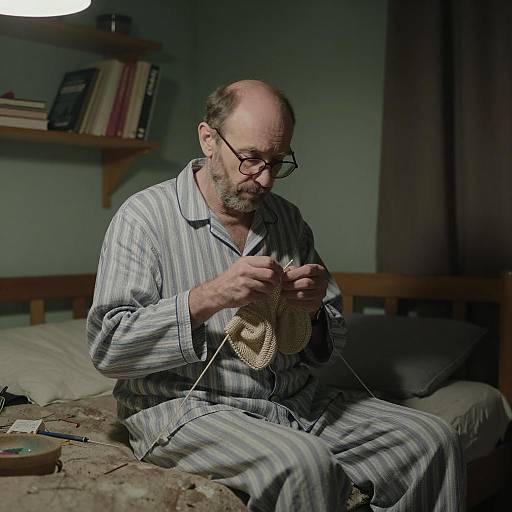 Middle-Aged Man Knitting in Grimy Room