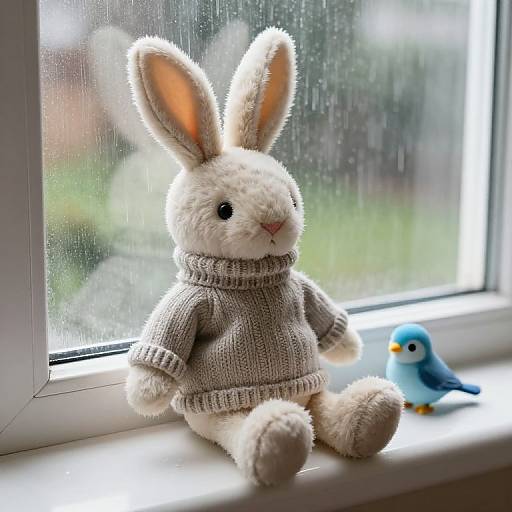 Stuffed Rabbit on Rainy Windowsill