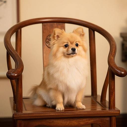 Photograph of a fluffy, tan and white Pomeranian puppy sitting on a wooden chair with curved arms, looking alert.
