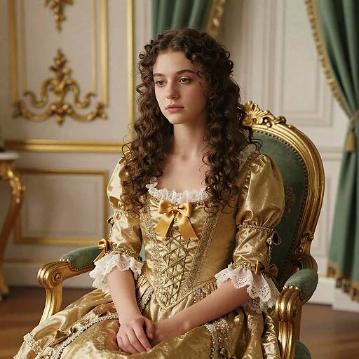 Young Woman in Baroque Gold Dress Sitting on Ornate Chair