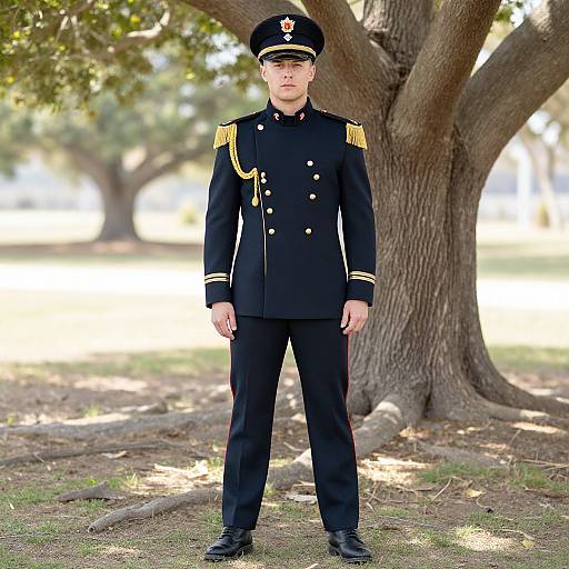 Photograph of a young, white male in a formal black military uniform with gold epaulettes, standing in front of a large tree in a