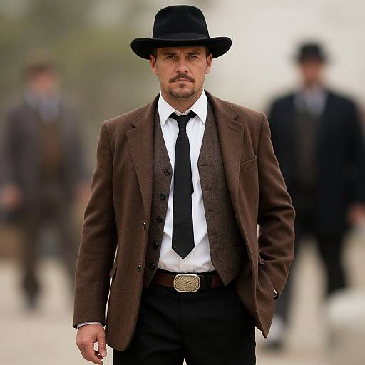Photograph of a serious-looking man in a brown tweed suit, black tie, white shirt, and black hat, with blurred background figures.
