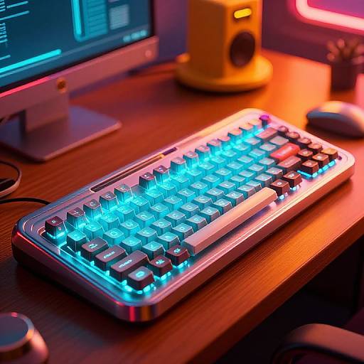 Neon-blue illuminated keyboard on a wooden desk, surrounded by a glowing computer monitor, yellow speaker, and mouse, in a brightly lit, tech-focused