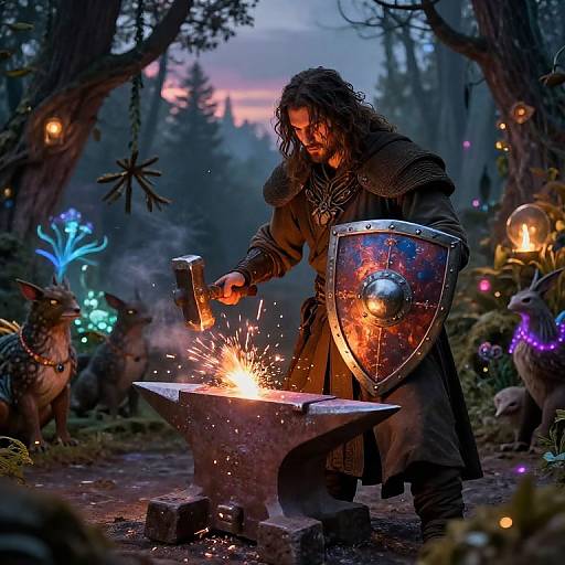Fantasy photograph of a bearded, long-haired warrior forging sparks in an enchanted forest, holding hammer and shield, surrounded by glowing creatures and magical lights