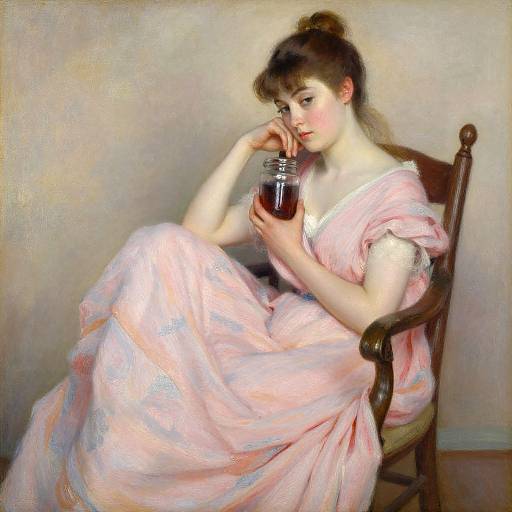 Oil painting of a fair-skinned woman with brown hair in a bun, wearing a pink, off-shoulder dress, sipping from a glass