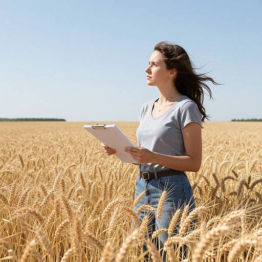 Photograph of a young woman with long dark hair, wearing a gray t-shirt and blue jeans, standing in a golden wheat field, holding a clipboard