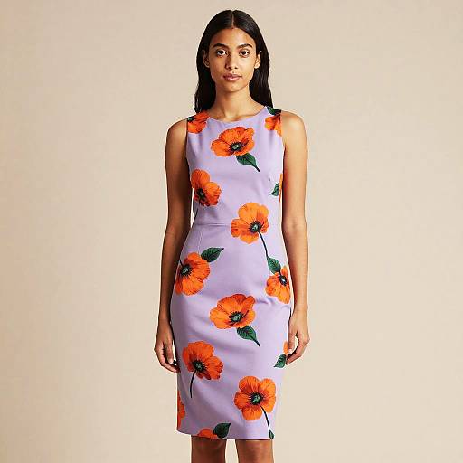 Photograph of a young woman with long black hair, wearing a sleeveless, knee-length, light purple dress with vibrant orange floral patterns and green leaves