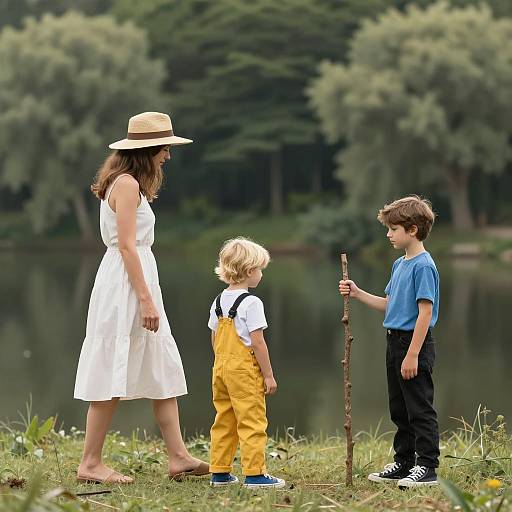 Family by the Lake with Walking Stick