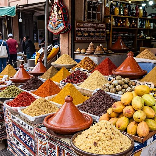 Vibrant market stall with colorful spices in conical clay pots, yellow mangoes, and hanging bags, bustling with shoppers in background. Photograph.
