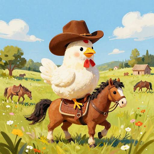 Playful Chicken Cowboy on Tiny Horse