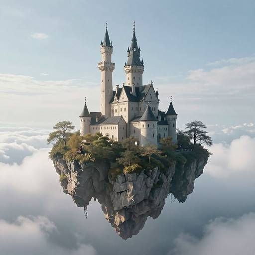 Photorealistic CGI of a floating, medieval castle with two tall spires, perched on a rocky, tree-covered island above the clouds.