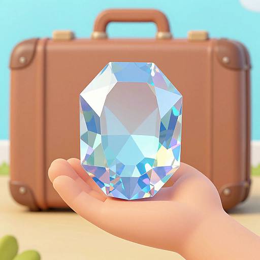Photograph of a large, faceted, clear diamond held by a hand, with a brown suitcase in the blurred background.