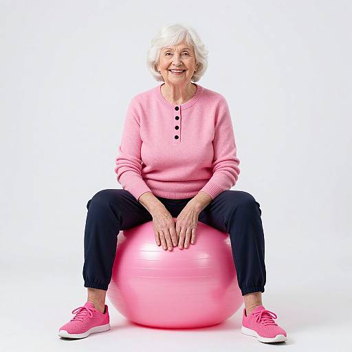 Photograph of smiling elderly woman with short white hair, wearing pink sweater, black pants, pink sneakers, sitting on pink exercise ball.