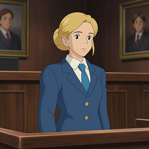 Digital anime-style drawing of a blonde woman in a blue blazer and tie, standing at a wooden courtroom podium, with framed portraits of men on the