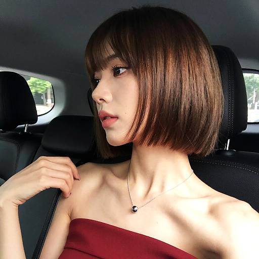 Woman with Light Brown Bob Haircut in Red Dress