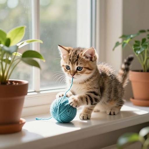 Adorable tabby kitten with blue eyes playfully biting blue yarn on sunlit windowsill, surrounded by potted plants. Bright, natural light.