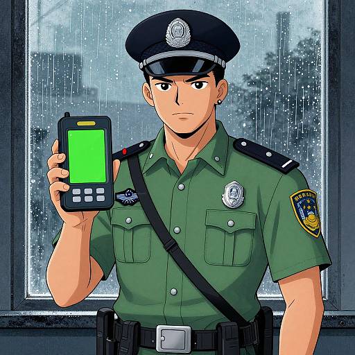 Digital illustration of a stern-faced male police officer in green uniform, black cap, holding a green-screened smartphone, raindrops on window background.