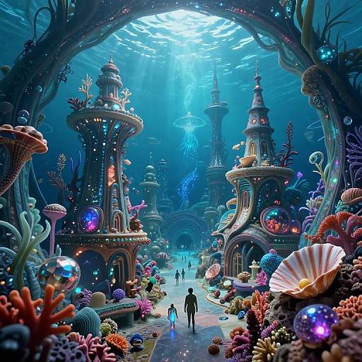 Whimsical underwater cityscape: glowing towers surrounded by colorful coral, bioluminescent plants, and a path with two tiny figures under radiant blue