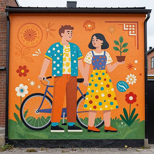Vibrant mural of a smiling couple in retro outfits, with a bike, colorful flowers, and a potted plant, on an orange background.