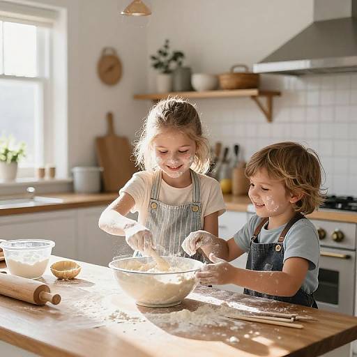 Photograph of a sunny kitchen: blonde girl and blonde boy, both in denim overalls, mixing dough on a wooden countertop with flour-covered hands