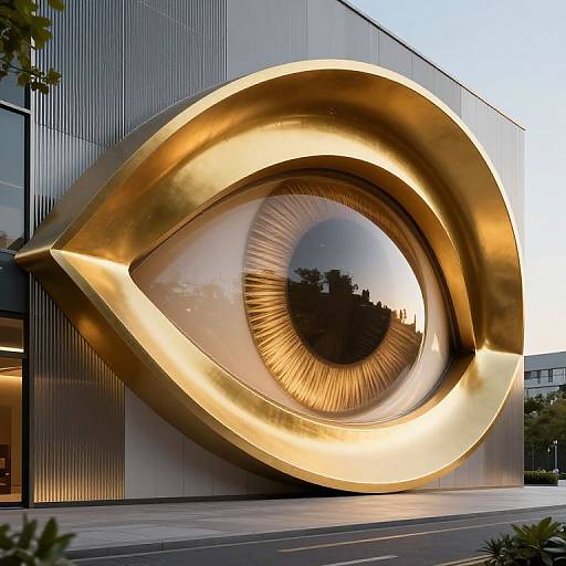 Photograph of a large, golden, illuminated eye-shaped sculpture mounted on a modern, silver building facade at dusk.