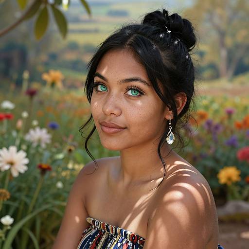 Photograph of a young woman with dark hair in a bun, wearing a strapless beaded top, with green eyes, and dangling earrings, standing