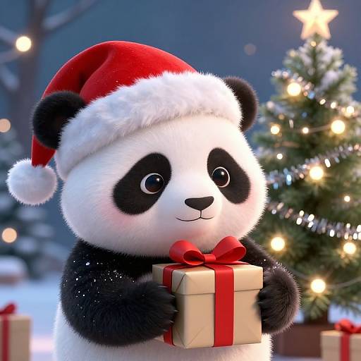 Cute cartoon panda in Santa hat holds gift with red bow, standing by Christmas tree with glowing lights in snowy background.