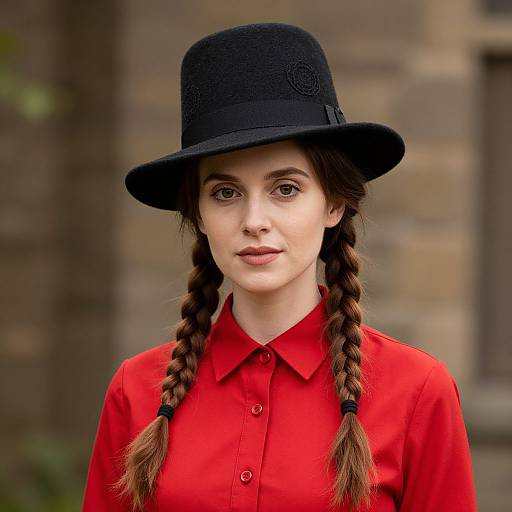 Photograph of a young woman with fair skin, brown eyes, and brown braided hair, wearing a black hat and red button-up shirt, against