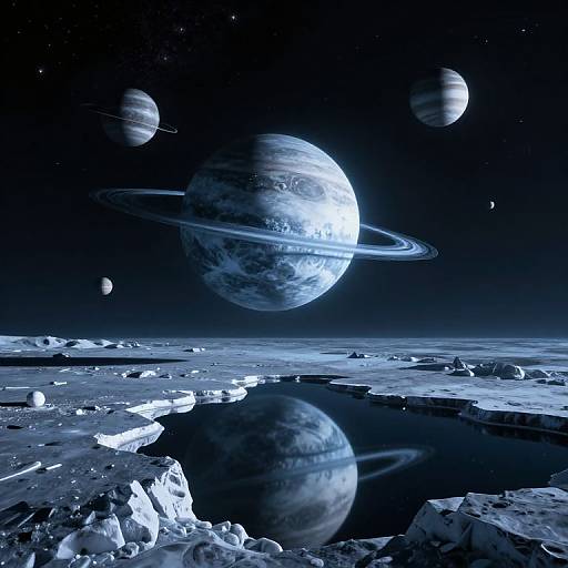 Photorealistic CGI of a blue-tinged alien landscape with five planets, featuring a prominent ringed planet, icy terrain, and reflective pools under