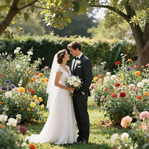 Photograph of a bride in a white lace gown and veil, holding a bouquet, standing closely with a groom in a black suit, in a sun