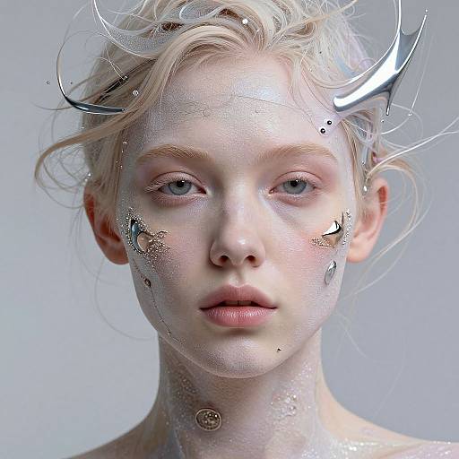 Digital portrait of a pale, blonde woman with futuristic metallic swirls on her face and hair, against a gray background. Her expression is neutral, and