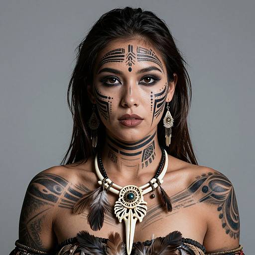 Photograph of a tattooed woman with dark hair, black tribal face paint, feathered necklace, and arm tattoos, against a gray background.