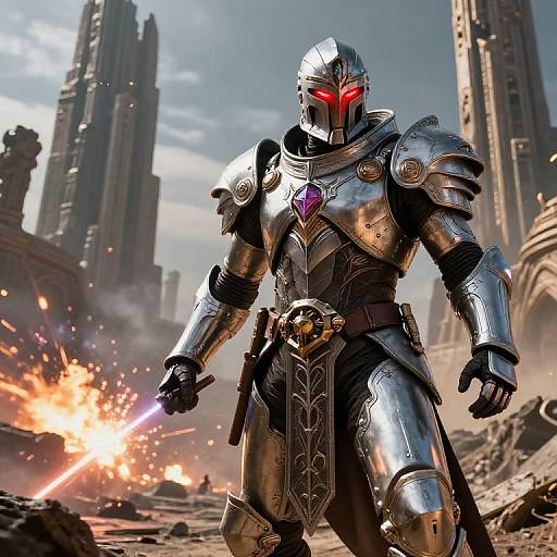 CGI image of a red-eyed armored warrior with glowing red eyes, standing in a futuristic, war-torn cityscape with tall spires and explosions
