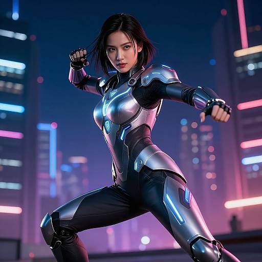 CGI image of an Asian woman in a sleek, metallic black and blue futuristic suit, fighting pose in a neon-lit cityscape.