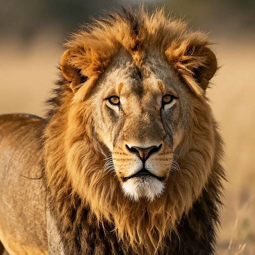 Photograph of a majestic male lion with a thick, golden-brown mane, intense amber eyes, and a focused gaze, standing in a sunlit