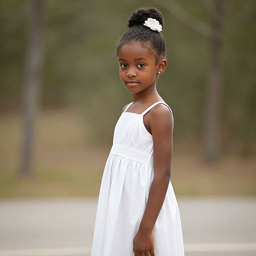 Photograph of a young African girl with dark skin, wearing a white sleeveless dress and a black bun with a white flower, standing outdoors in a