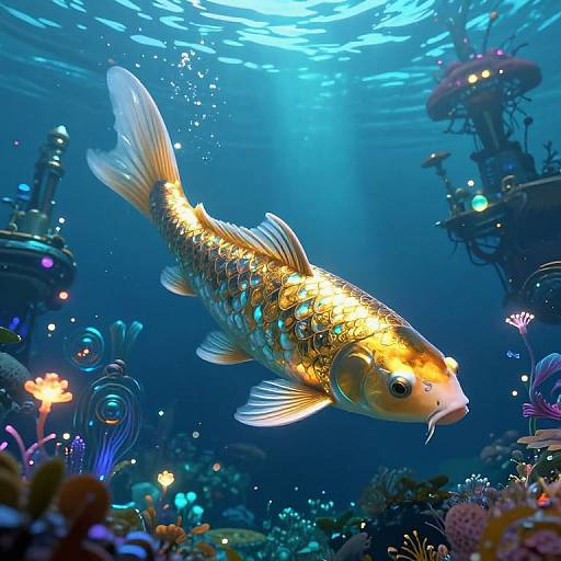 Vibrant digital illustration of a glowing golden fish with iridescent scales swimming through a colorful, bioluminescent underwater coral reef.