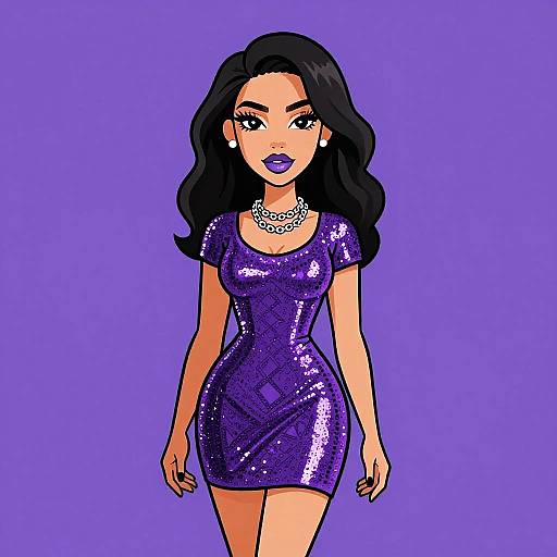 Digital illustration of a stylish woman with wavy black hair, wearing a tight, shimmering purple dress, silver necklace, and purple lipstick, standing against